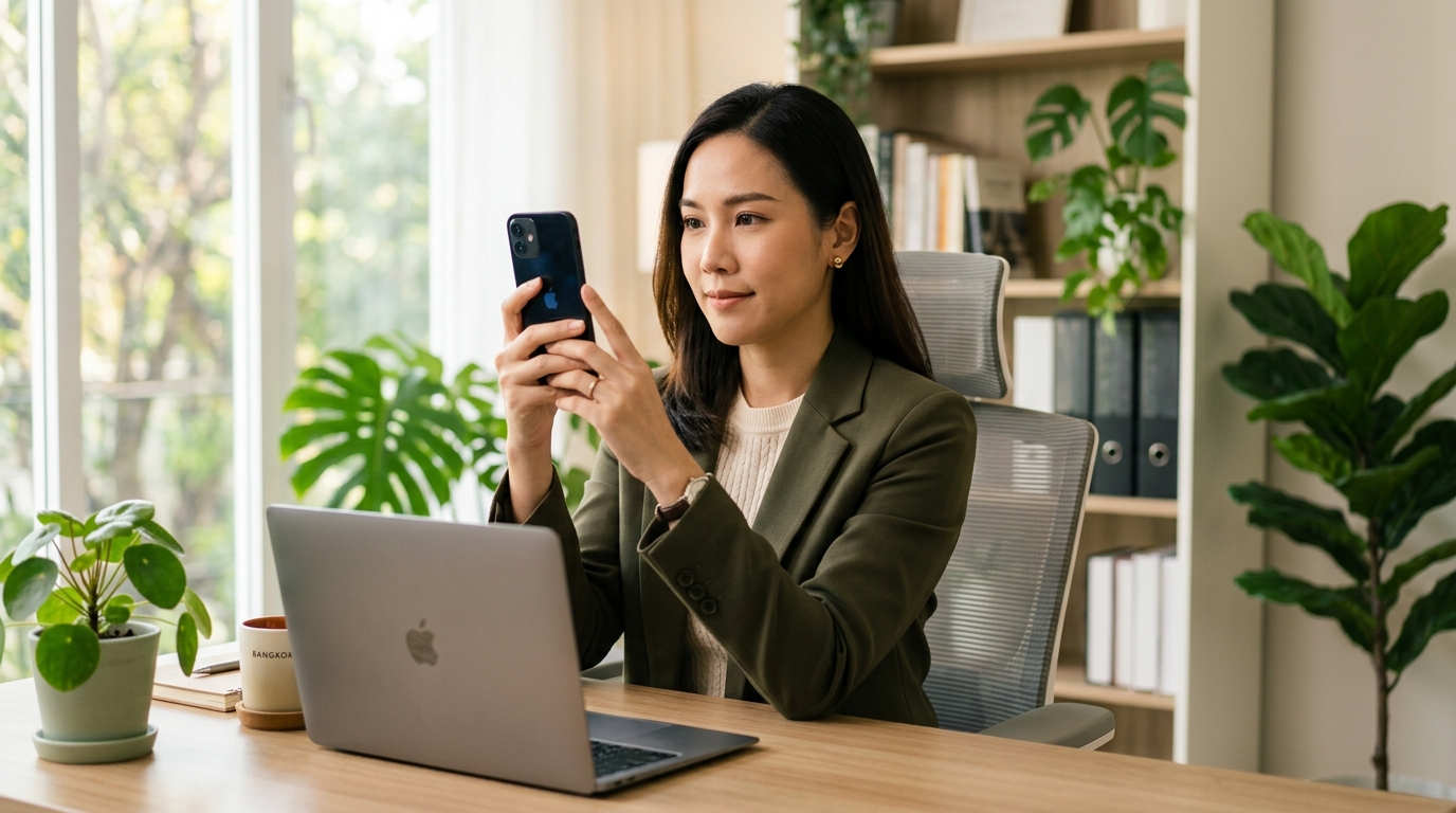 ผู้หญิงไทยยกมือถือขึ้นระดับสายตาท่าทางที่ถูกต้องป้องกันปวดต้นคอ Tech Neck