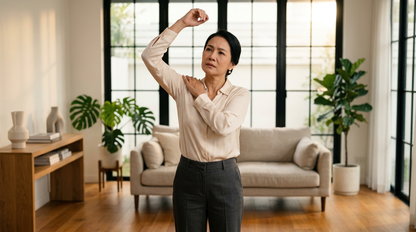 ผู้หญิงไทยวัย 50 ปียกแขนข้างขวาไม่ขึ้นด้วยอาการไหล่ติด ในห้องนั่งเล่นพรีเมียม