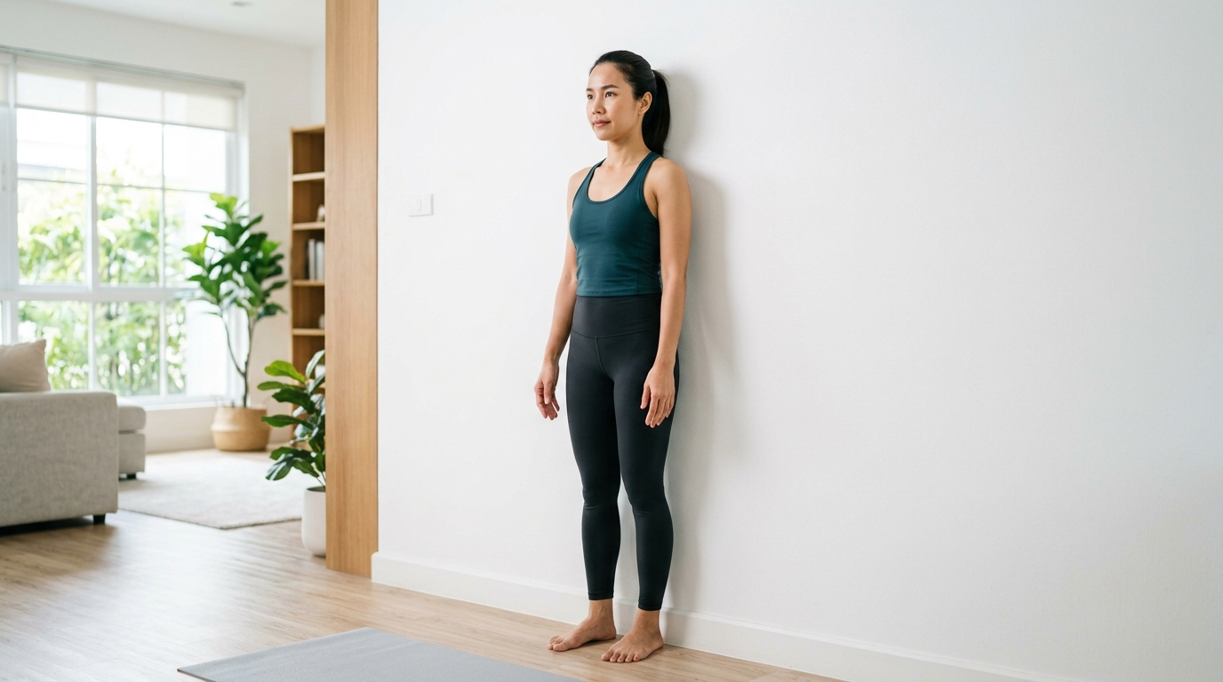 ผู้หญิงไทยยืนชิดผนังทดสอบแนวกระดูกสันหลังและท่าทางกระดูกคอ