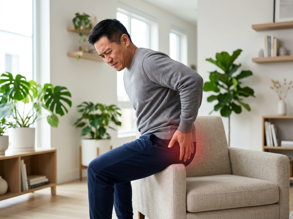 ผู้ชายนั่งจับสะโพกด้านลึก อาการ Piriformis Syndrome หรือสลักเพชรจม