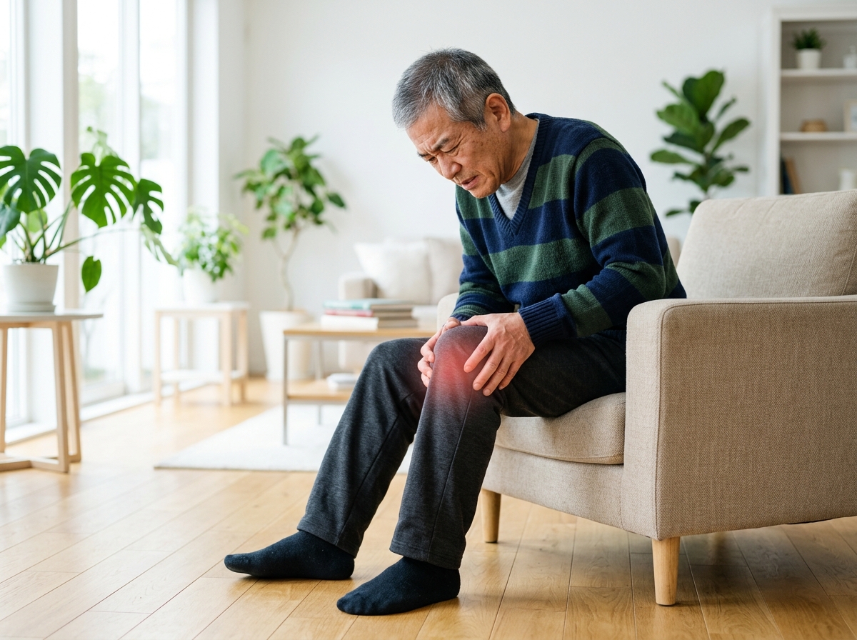 ผู้สูงอายุนั่งจับเข่า อาการปวดเข่า เอ็นหลังเข่าอักเสบ ข้อเข่าเสื่อม (Knee Osteoarthritis)