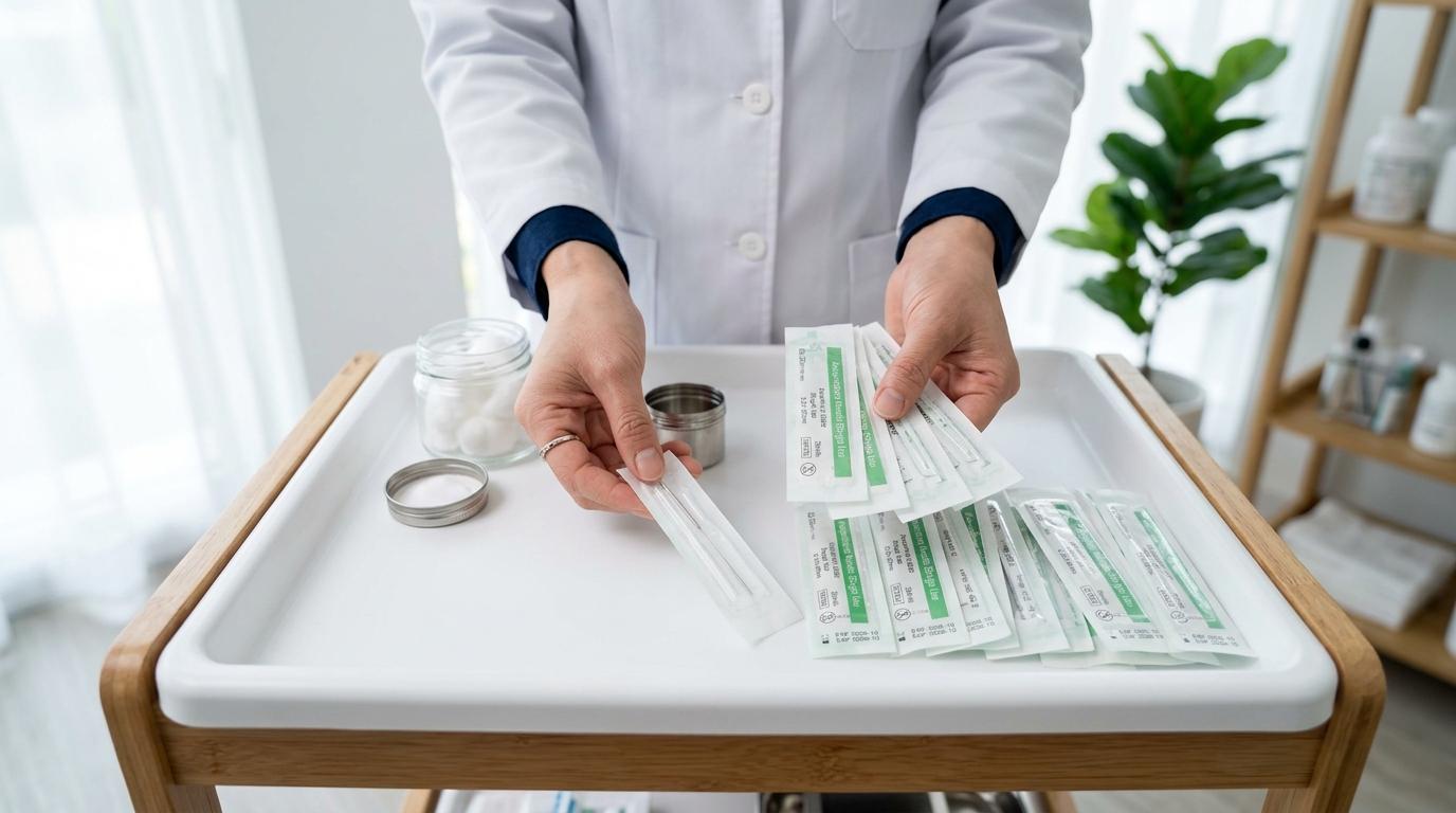 การฝังเข็ม Acupuncture — มือแพทย์ผู้เชี่ยวชาญถือเข็มฝังเข็มขนาดเล็ก ในคลินิกสมัยใหม่