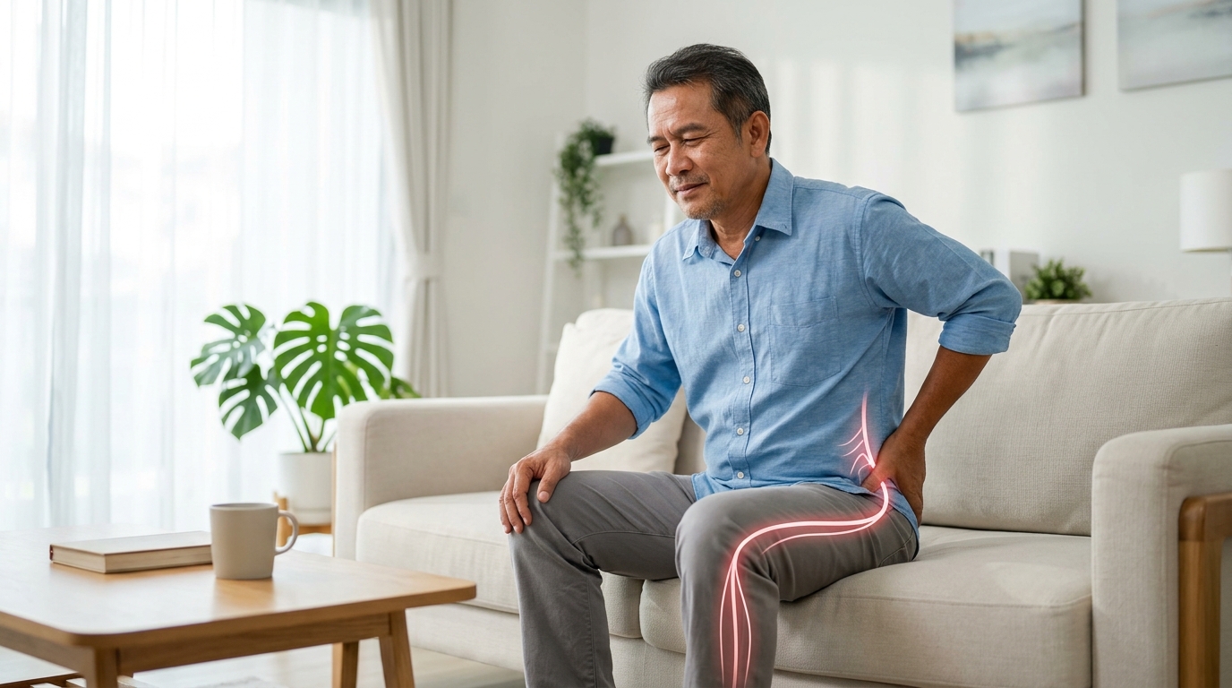 ผู้ชายวัยกลางคนนั่งจับสะโพก ปวดสะโพกร้าวลงขา (Sciatica) อาการเส้นประสาทถูกกดเบียด