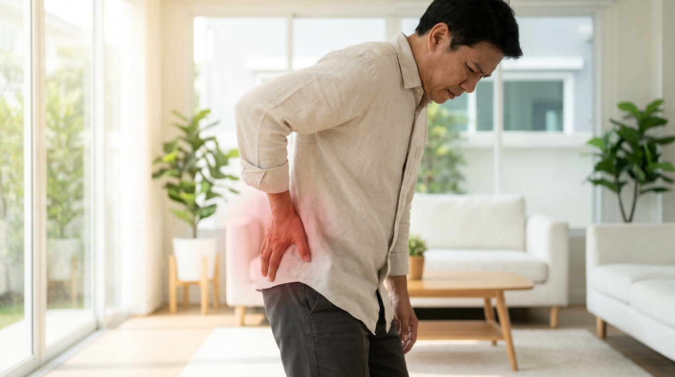 ผู้ป่วยสลักเพชรจมยืนจับสะโพกขวา ปวดลึกในก้น Piriformis Syndrome