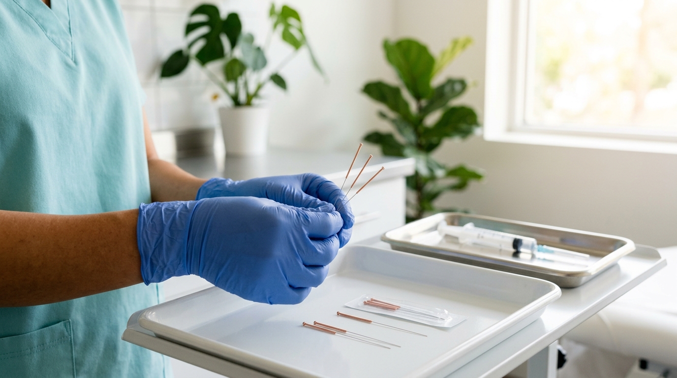 การฝังเข็ม Acupuncture ในคลินิกสมัยใหม่ — แพทย์มือถือเข็มฝังเข็มขนาดเล็ก sterile
