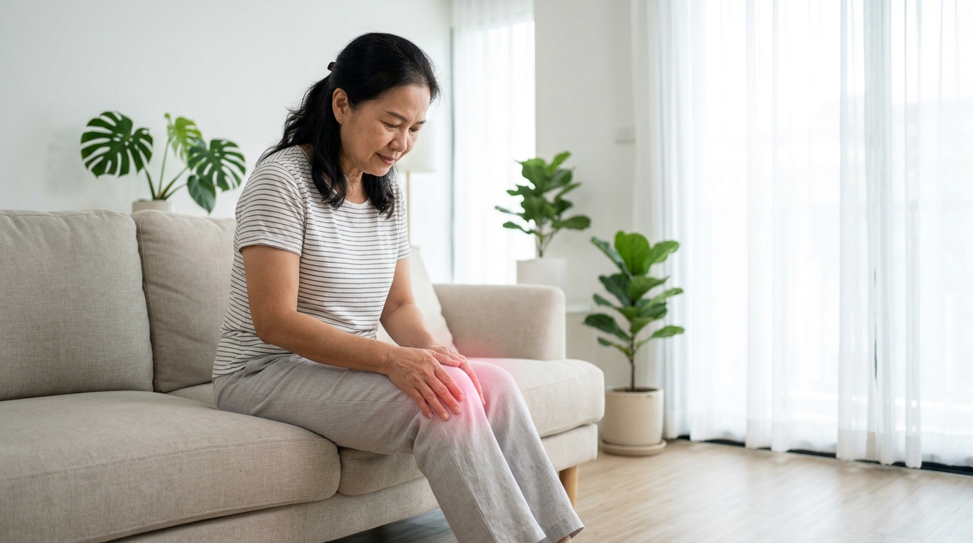 ผู้หญิงวัย 60 ปีนั่งจับเข่าที่มีอาการปวดเข่าจากเข่าเสื่อม