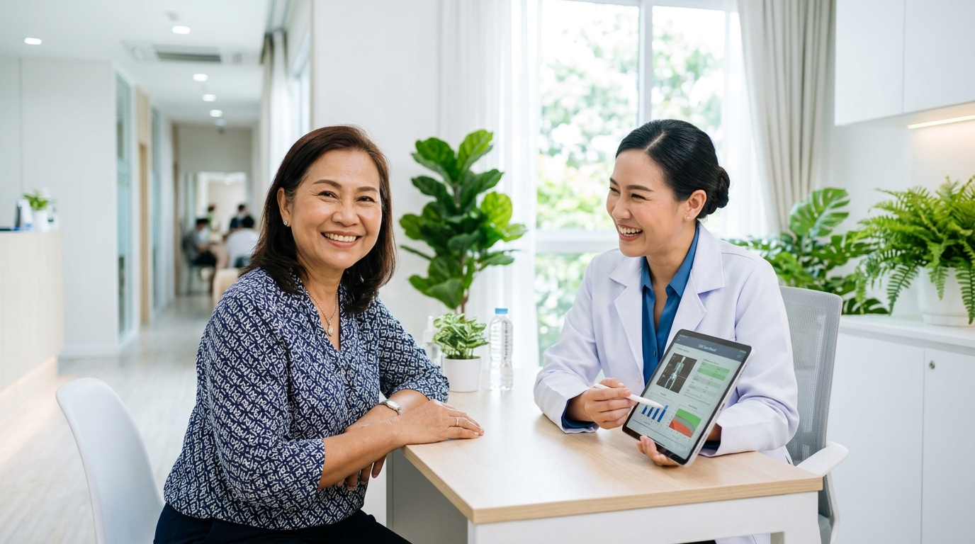 ผู้หญิงสูงวัยดูผลตรวจความหนาแน่นของมวลกระดูก (BMD) ค่า T-score กับแพทย์