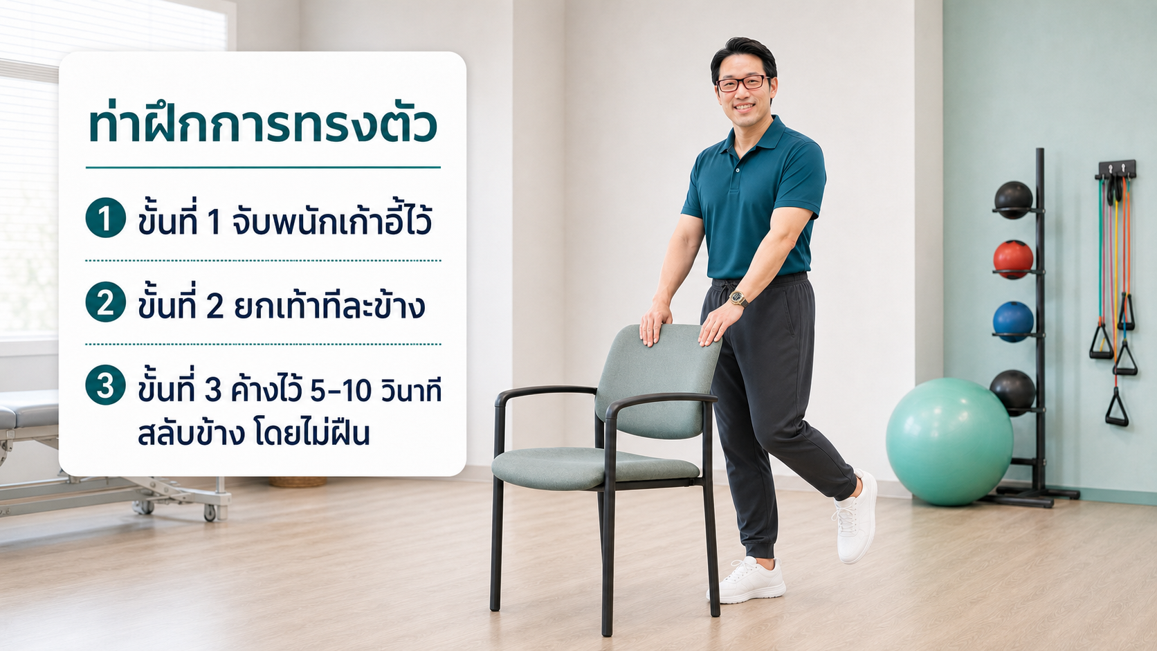 หมอซันสาธิตท่าฝึกการทรงตัวโดยจับพนักเก้าอี้ ยกเท้าทีละข้างอย่างปลอดภัย