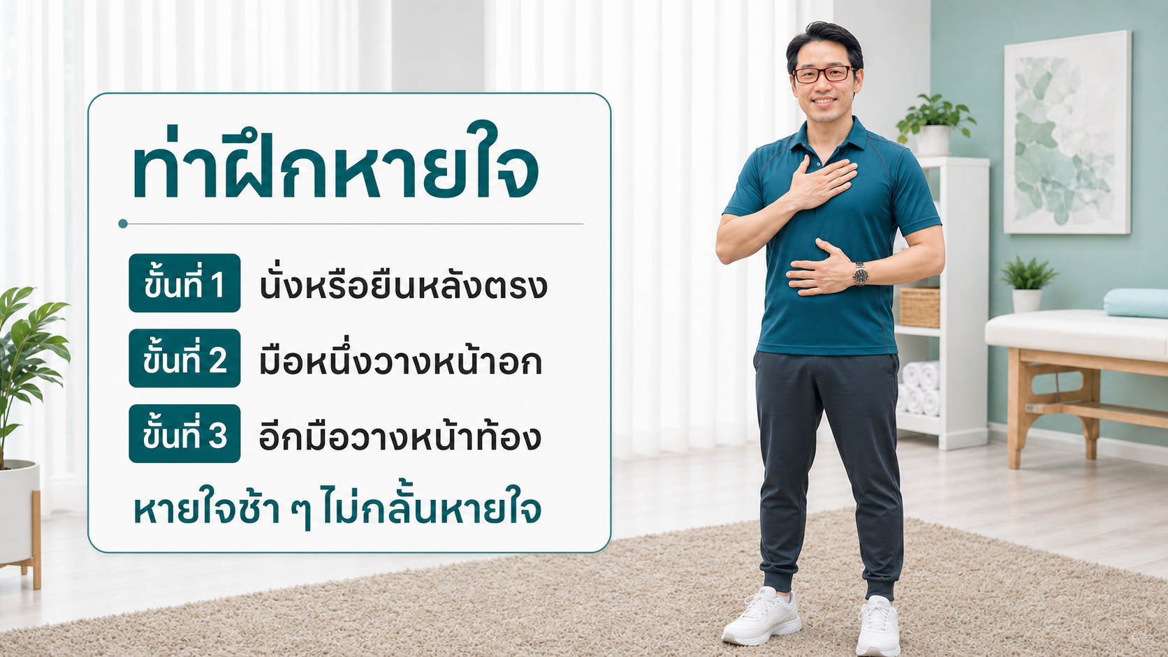 หมอซันสาธิตท่าฝึกหายใจ วางมือหนึ่งบนหน้าอกและอีกมือบนหน้าท้อง