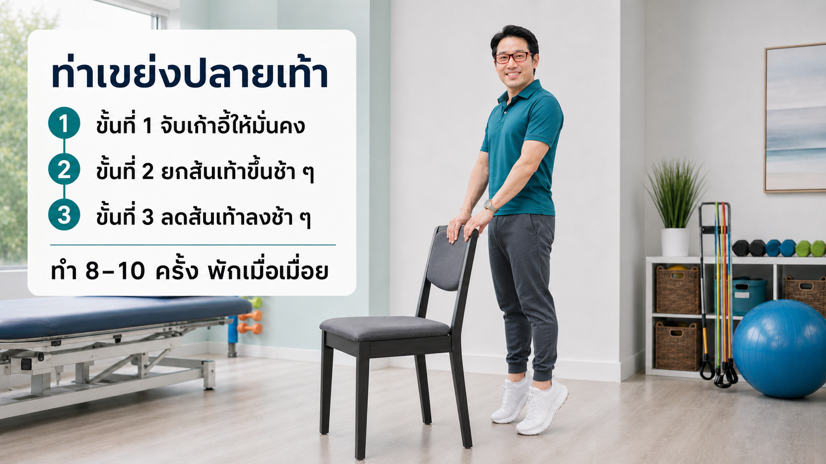หมอซันสาธิตท่าเขย่งปลายเท้าโดยจับเก้าอี้มั่นคง ยกส้นเท้าขึ้นและลงช้า ๆ