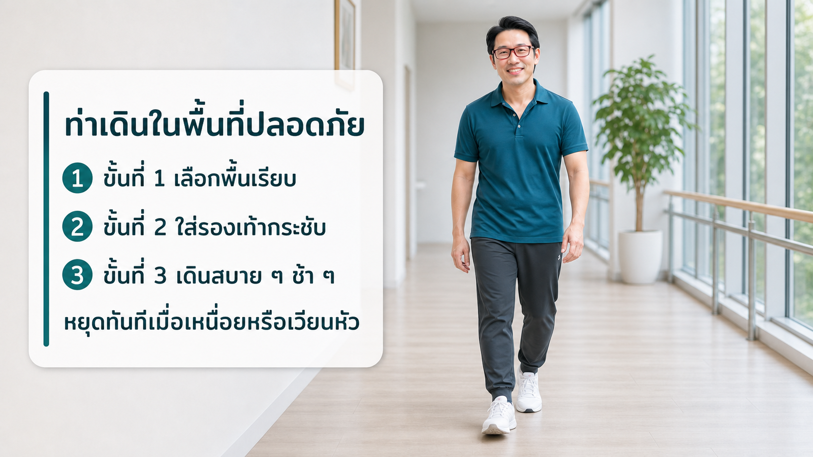 หมอซันสาธิตการเดินในพื้นที่ปลอดภัยบนพื้นเรียบ สวมรองเท้ากระชับ